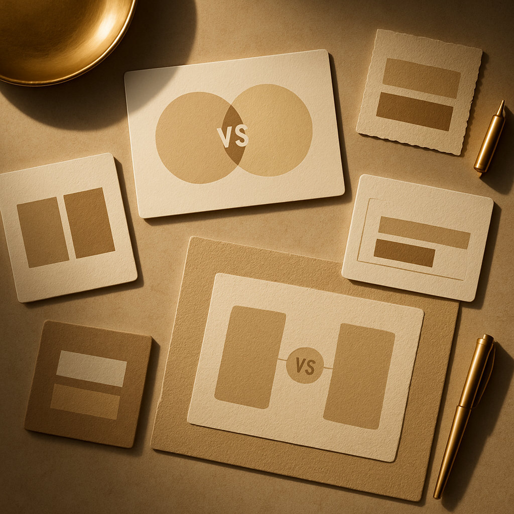 Overhead editorial view of comparison cards spread on a warm desk surface representing different signup bonus formats