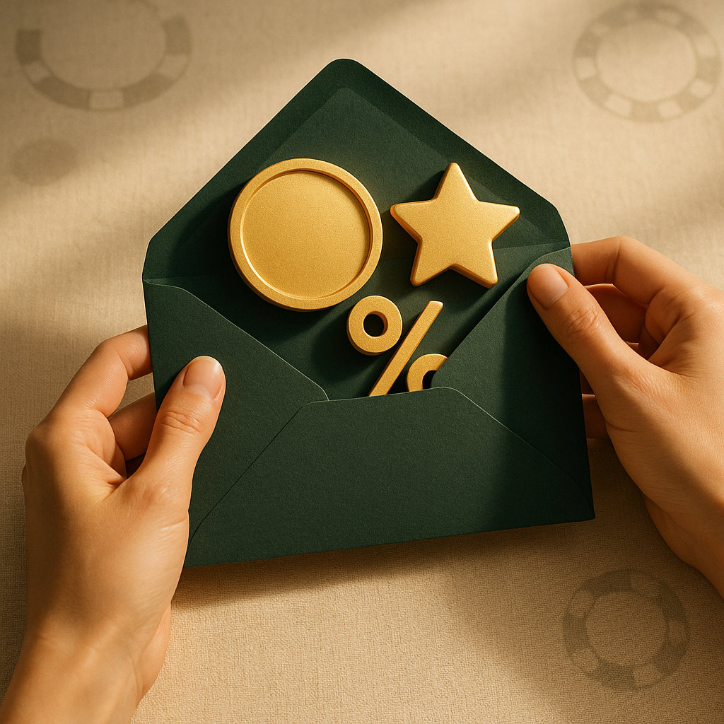 Editorial-style image of warm-toned desk scene with envelope and golden reward elements representing signup bonus discovery