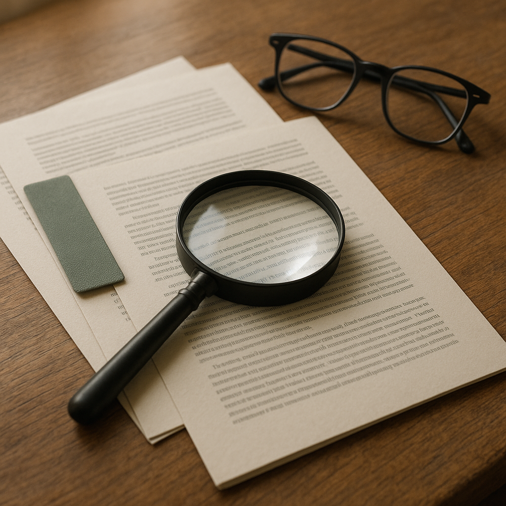 Close-up editorial image of magnifying glass over printed documents on a warm wooden desk, representing careful review of bonus terms